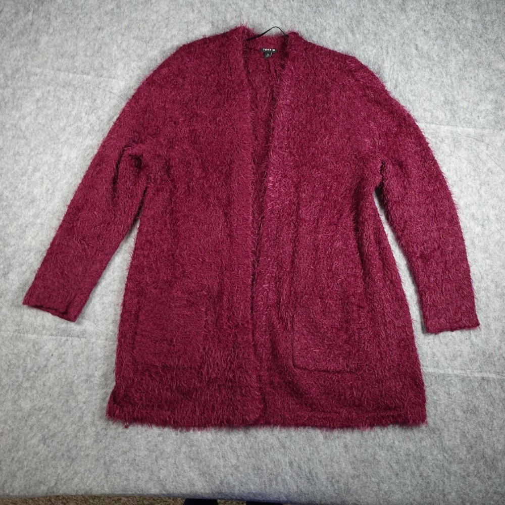 Torrid Cardigan Women 3X Burgundy Eyelash Knit Fuzzy Open Front Long Sweater